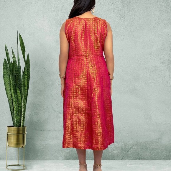 Luxury Red and Gold Silk Knee-Length Dress | Muvvas Boutique - Picture 5 of 5